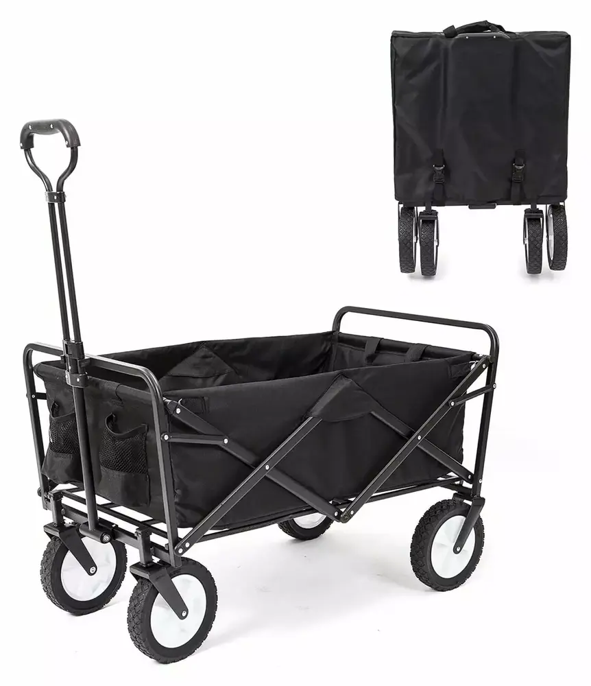 220 lbs Capacity Folding Wagon. Utility Garden Cart Collapsible with Wheels for Outdoor Camping. Black