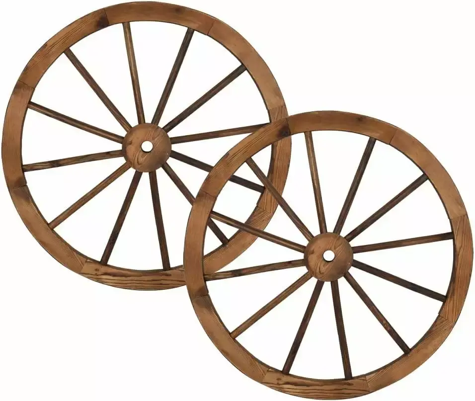 2Pcs Wooden Wheel.Old Western Style Garden Art Wall Decor Wooden Wagon Wheel Brown (30-Inch)