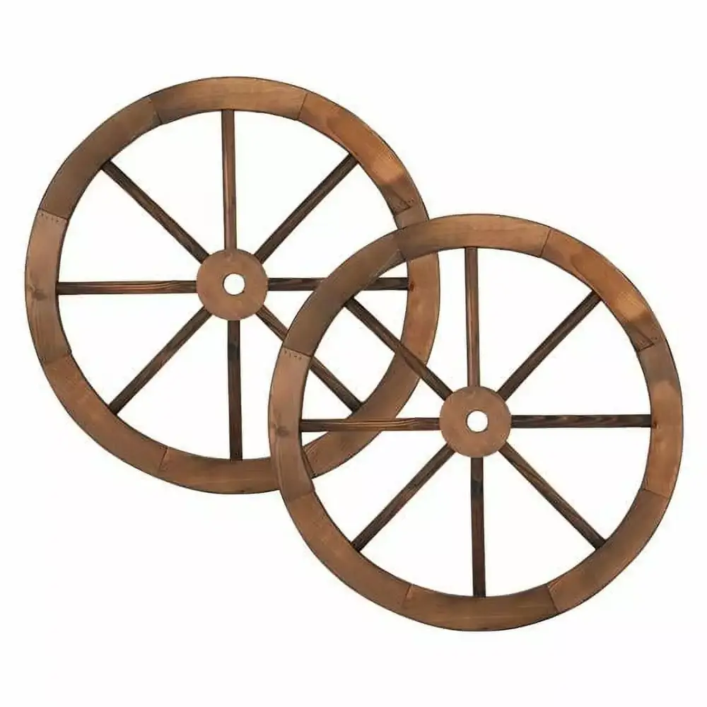 2pcs 24-Inch Old Western Style Garden Art Wall Decor Wooden Wagon Wheel Brown