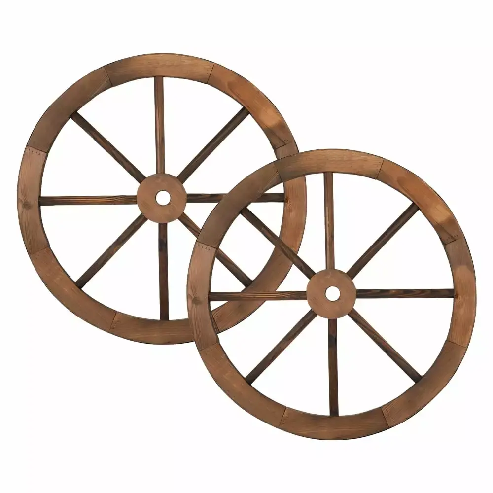 2pcs 24-Inch Old Western Style Garden Art Wall Decor Wooden Wagon Wheel Brown