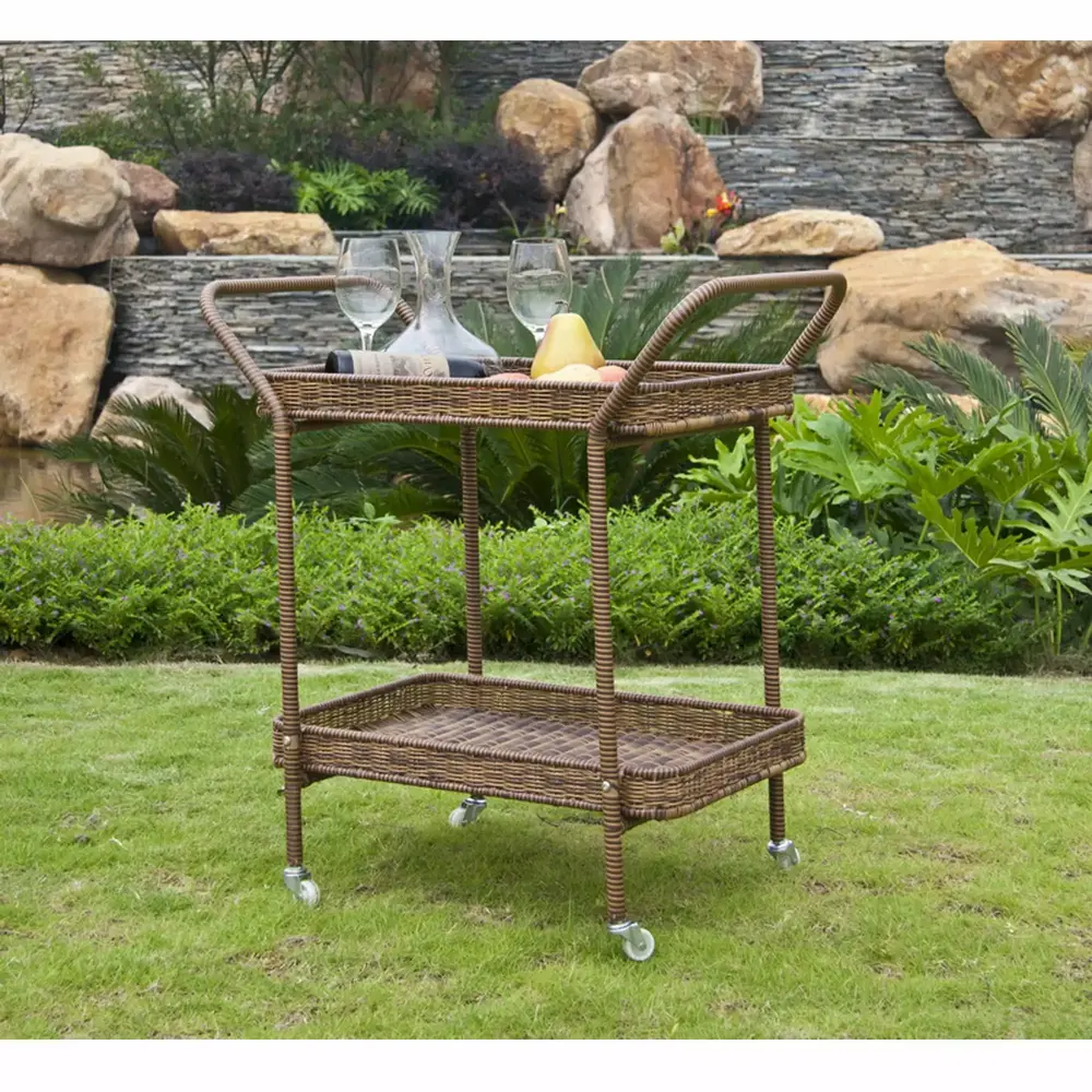32 Honey Brown Resin Wicker Outdoor Patio Garden Serving Cart with Wheels
