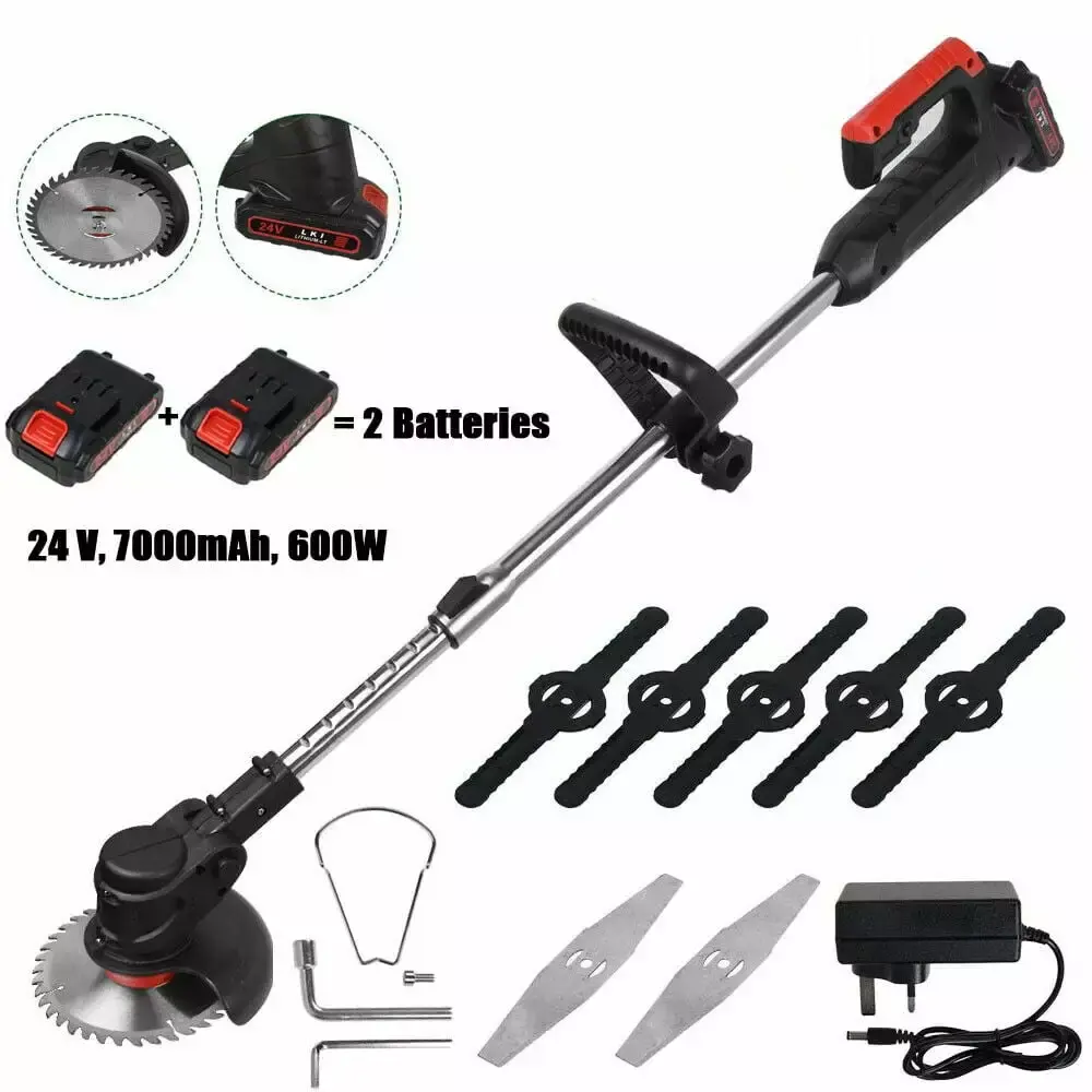 Electric Handheld Weed Lawn Eater Edger Grass 24V Travel-friendly Cordless String Trimmer Cutter with 2 Battery. Front U Shape and 3 Types Cutting Blades