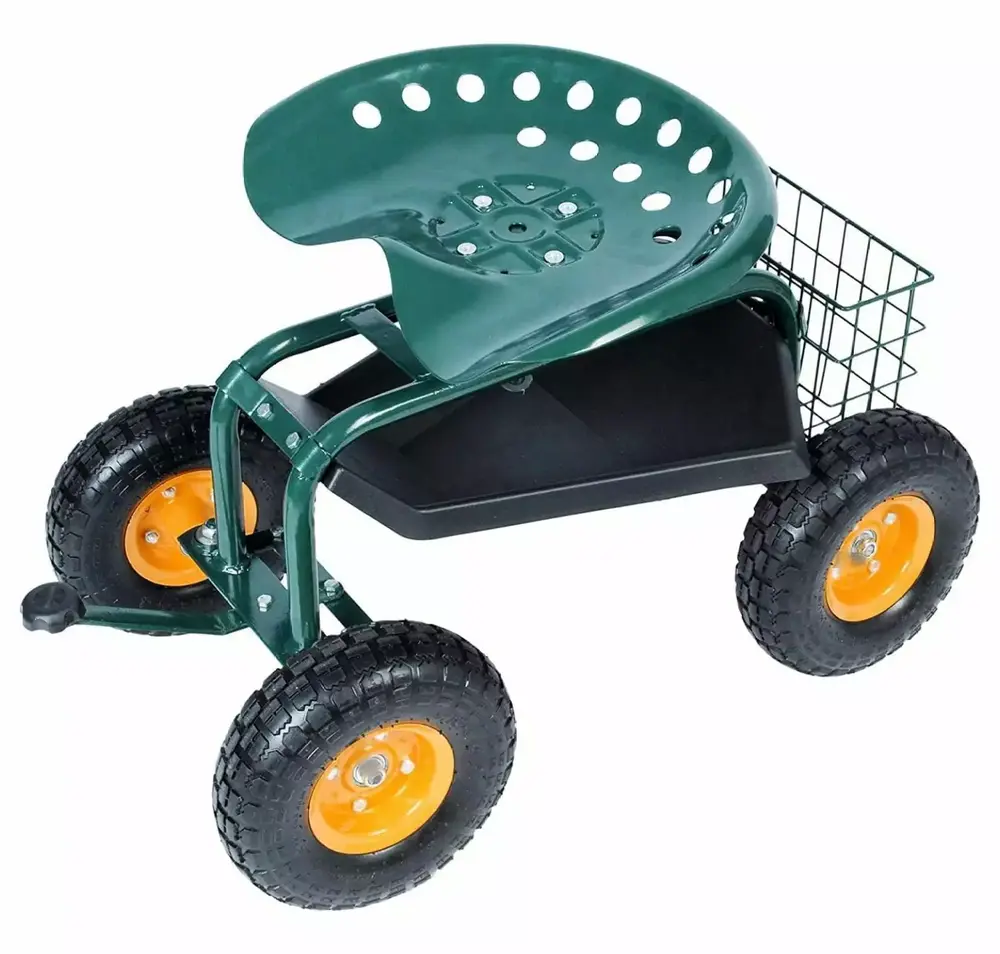 GHF Steerable Rolling Work Seat Garden Stool Cart with Tool Tray and Storage Binquireet Heavy Duty Scooter Green