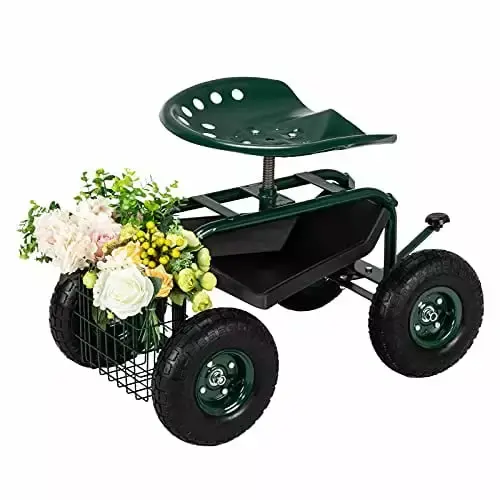 Garden Seat Car. Rolling Garden Cart with Seat Garden Scooter Rolling Stool Gardening Cart with Tool Storage Binquireet and Swivel Seat Patio Wagon Scooter for Planting Green