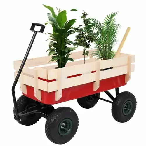 EasingRoom 97x43x78cm Garden Wagon Wood Wagon ALL Terrain Pulling Red w/ Wood Railing Garden Cart