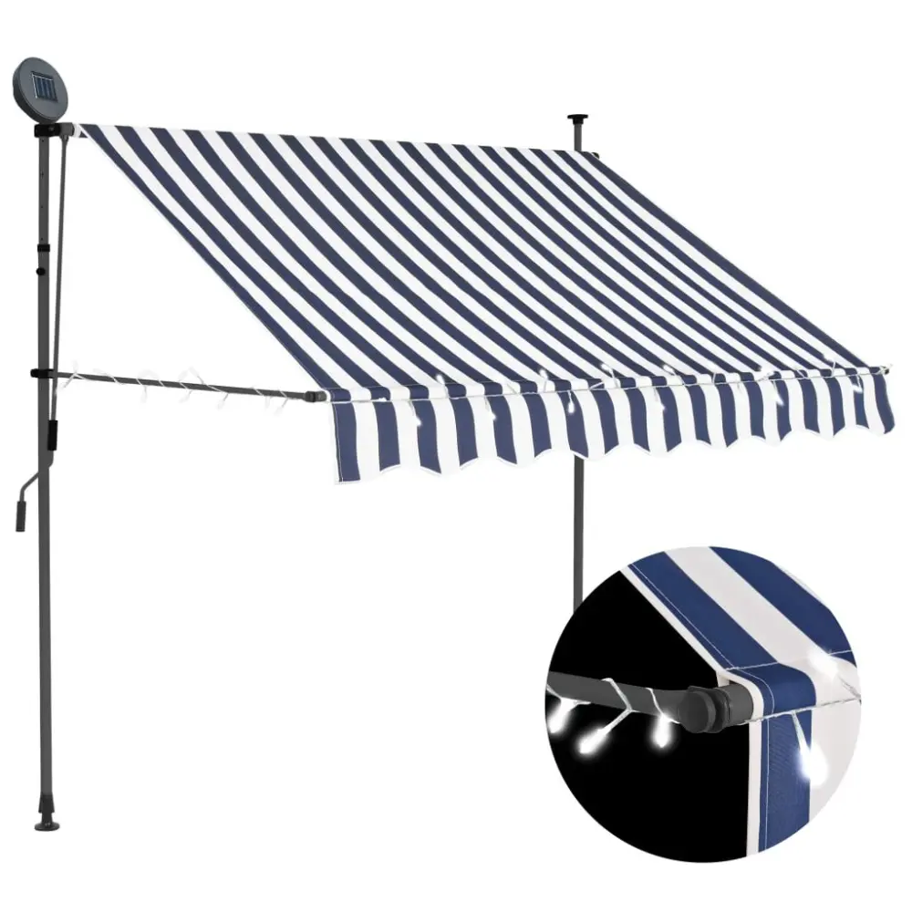 Manual Retractable Awning LED 59.1 Inches Blue and White Outdoor Shade
