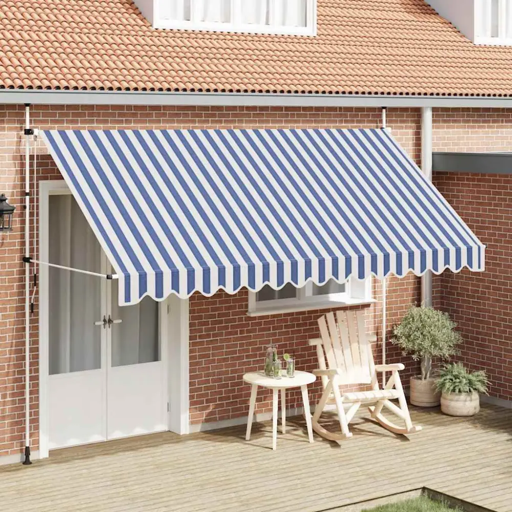 Manual Retractable Awning 157.5 Inches Blue and White Stripes Outdoor Shade