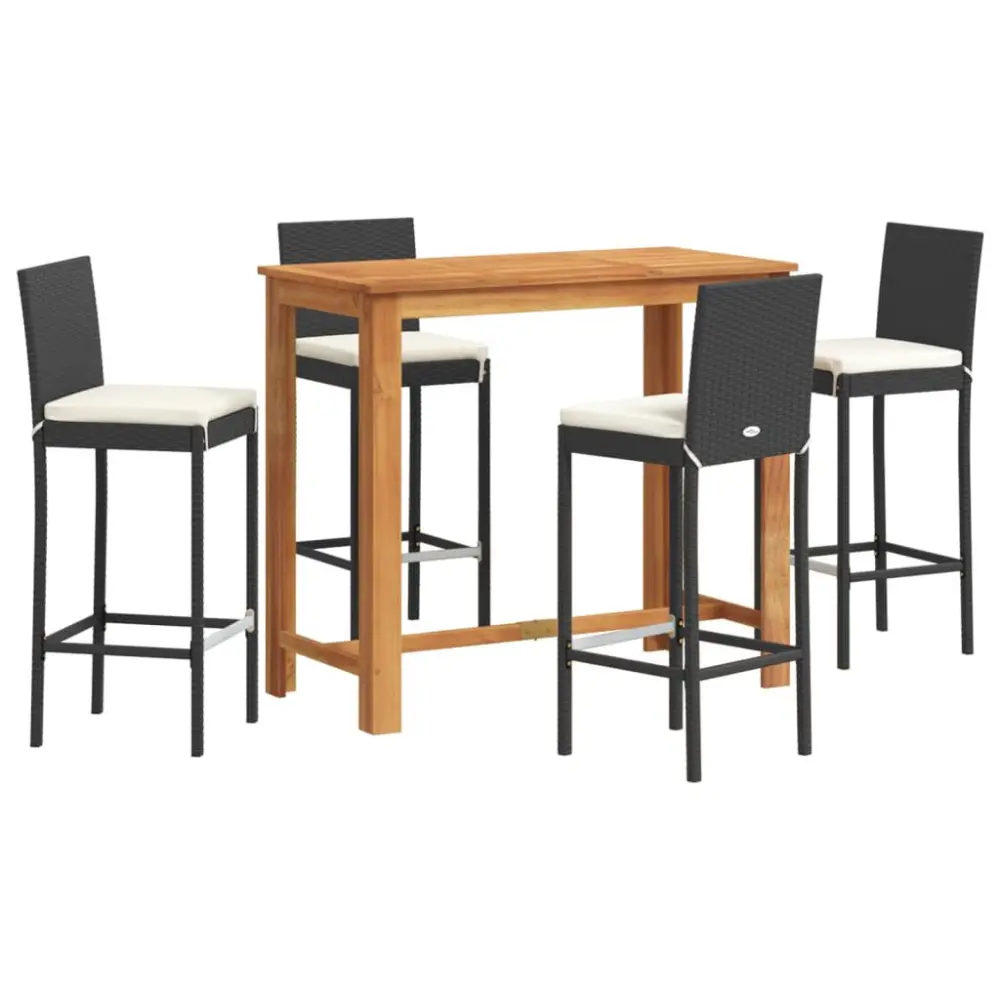 5 Piece Patio Bar Set Black Solid Wood Acacia and Poly Rattan Outdoor Furniture