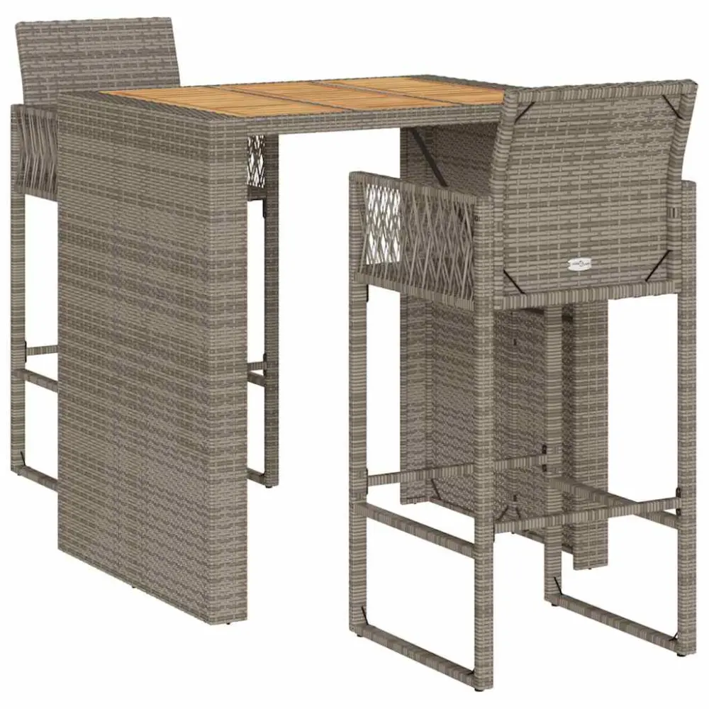 3 Piece Patio Bar Set without Cushions Gray Poly Rattan Acacia Wood Outdoor Furniture