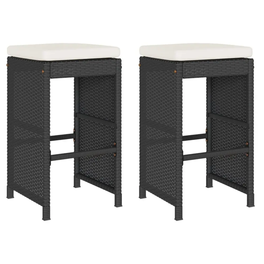 2 Pack Black Poly Rattan Patio Bar Stools Cushions Outdoor Bar