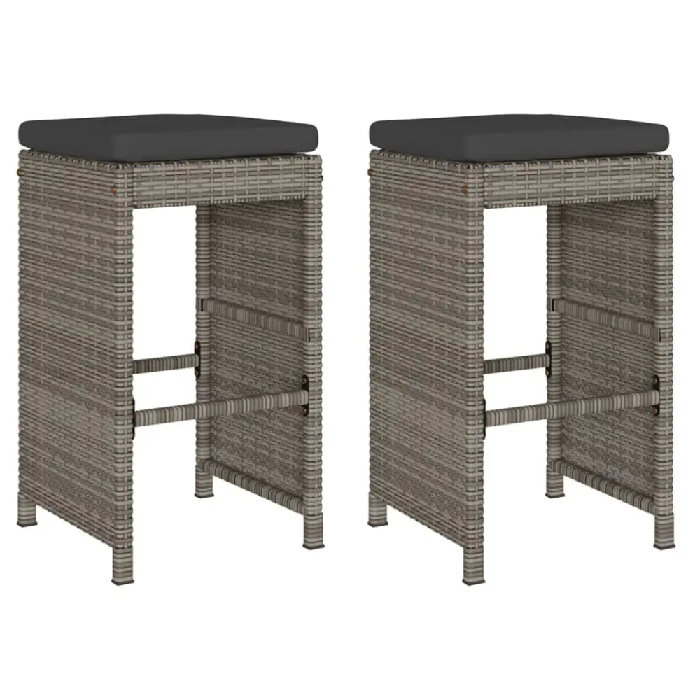 Patio Bar Stools Set 2 Gray Poly Rattan Cushions Outdoor Counter Stools