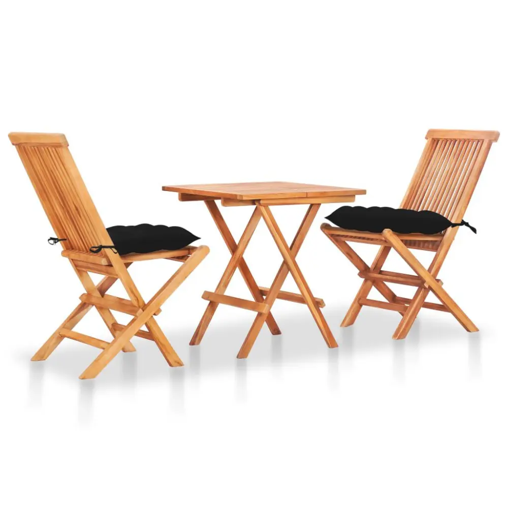 3 Piece Bistro Set Black Cushions Solid Teak Wood - Outdoor Cafe Table and Chairs