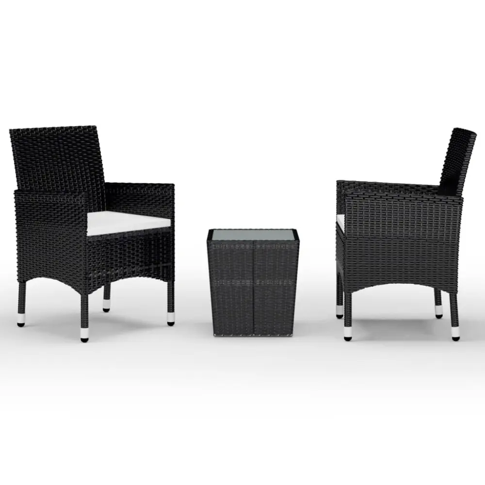 3 Piece Bistro Set Black Poly Rattan and Tempered Glass Outdoor Dining