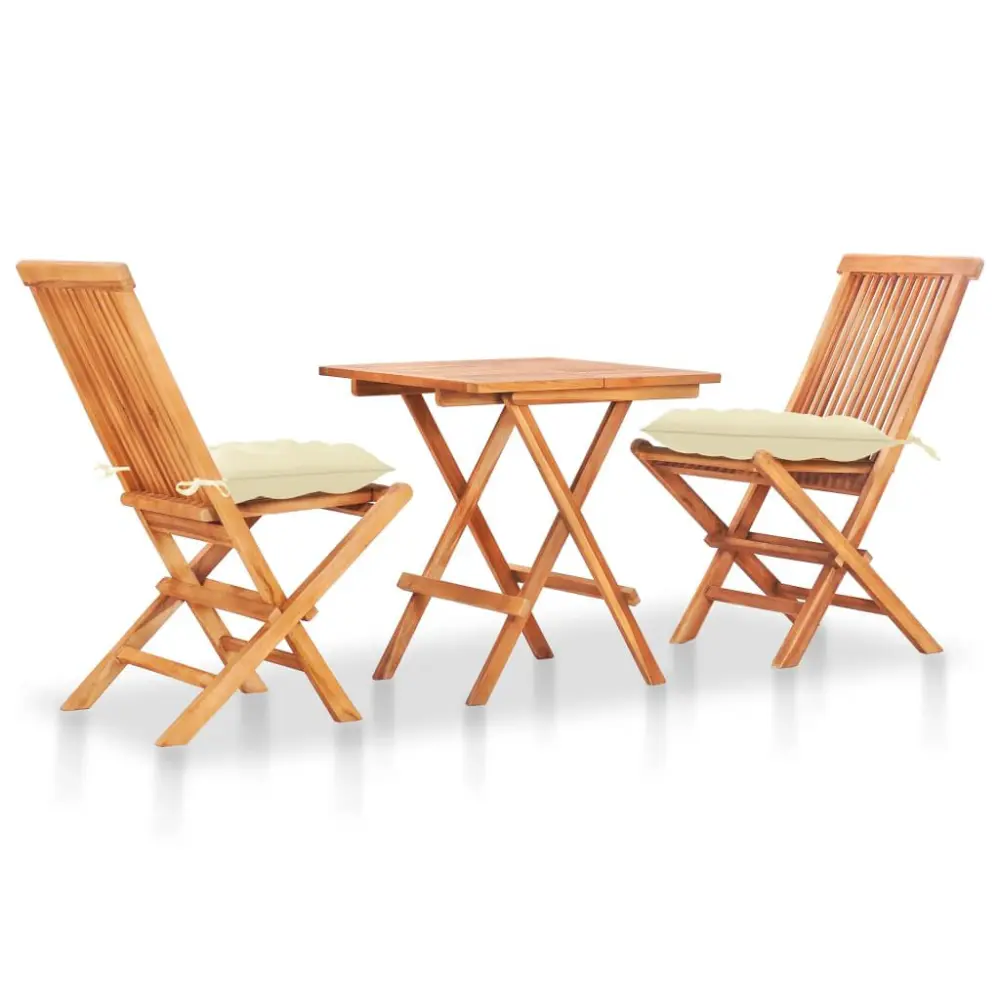 3 Piece Bistro Set Cream Cushions Solid Teak Wood Outdoor