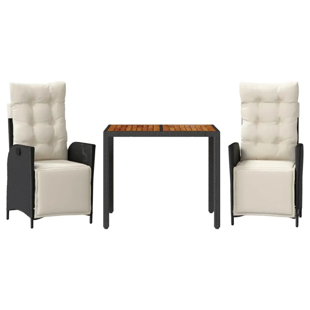 3 Piece Patio Dining Set Cushions Black Poly Rattan Outdoor Bistro Set