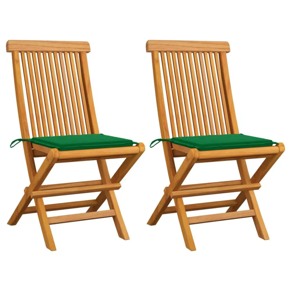 2 Piece Patio Chairs Green Cushions Solid Teak Wood Outdoor Furniture