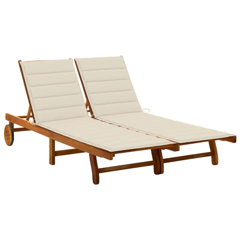 2-Person Patio Sun Lounger Cushions Solid Acacia Wood Outdoor Double Chaise