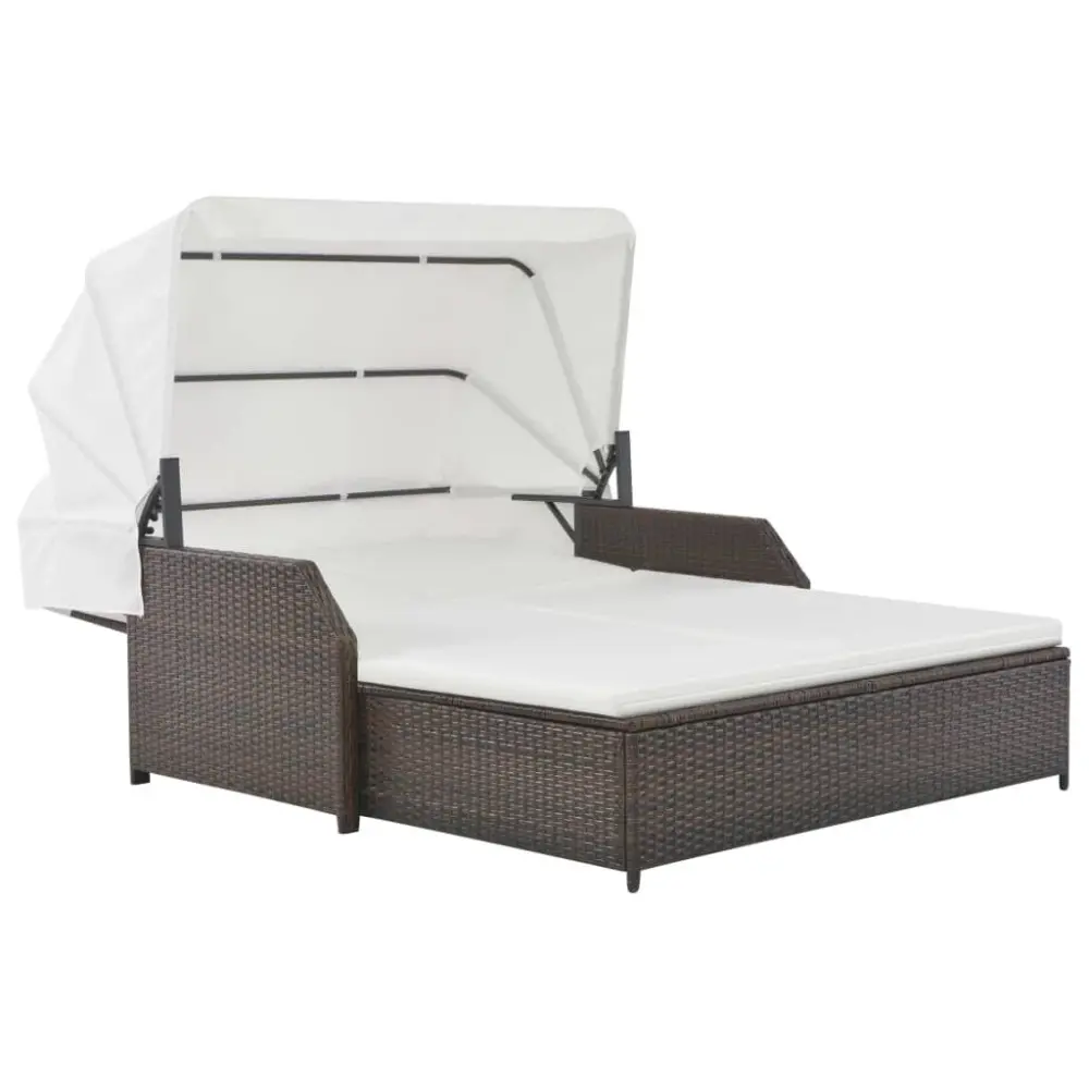 2-Person Sun Lounger Canopy Brown Poly Rattan Outdoor Patio Chaise Lounge