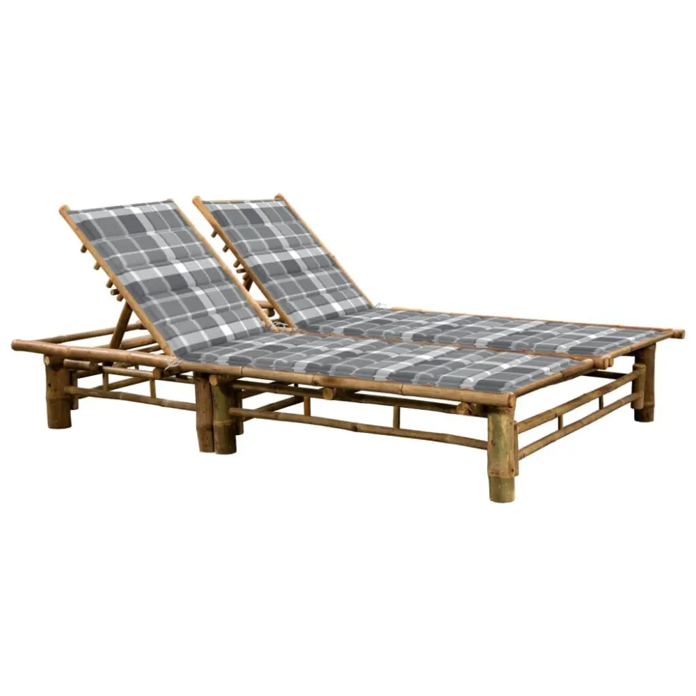2 Person Bamboo Sun Lounger Cushions Poolside Chaise Lounge Outdoor Recliner