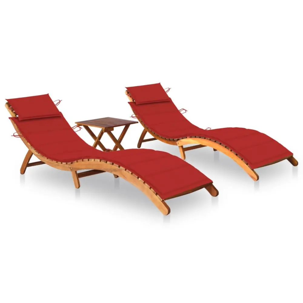 2 Piece Sun Loungers Table and Cushions Solid Acacia Wood Outdoor Set
