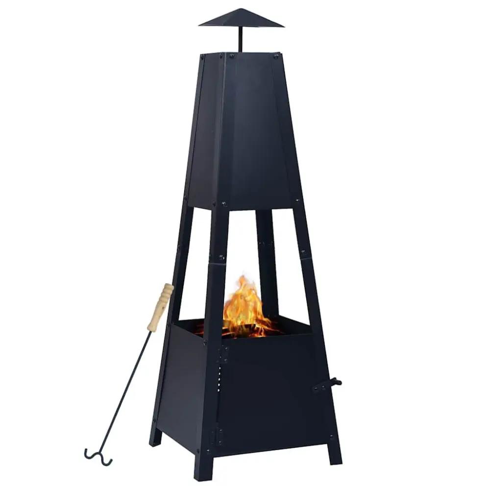 Tall Outdoor Steel Chiminea Fire Pit, Modern Black Wood Burning Fireplace Tower Patio & Garden