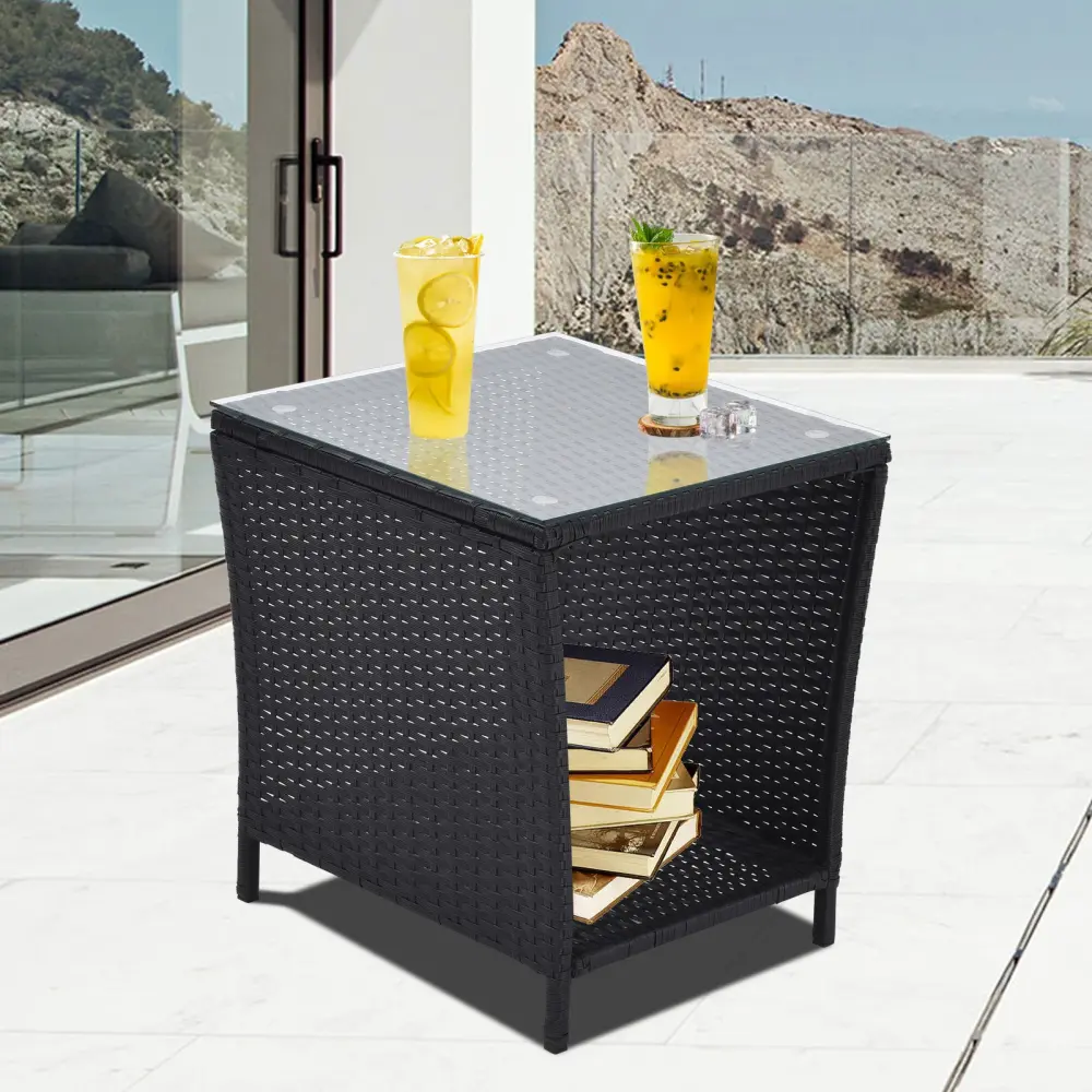 Outdoor Side Coffee Table Storage Shelf All Weather PE Rattan koruiten
