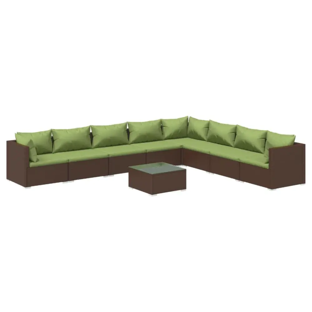 9-Piece Outdoor Patio Furniture Set, Brown Poly Rattan Sectional Sofa Conversation Set Cushions