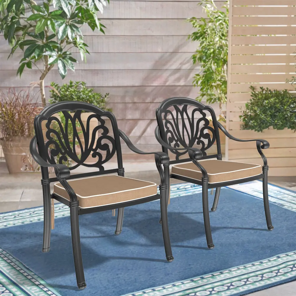 2-Piece Cast Light Metal Patio Dining Chair Set Black Frame and Cushions nicesure