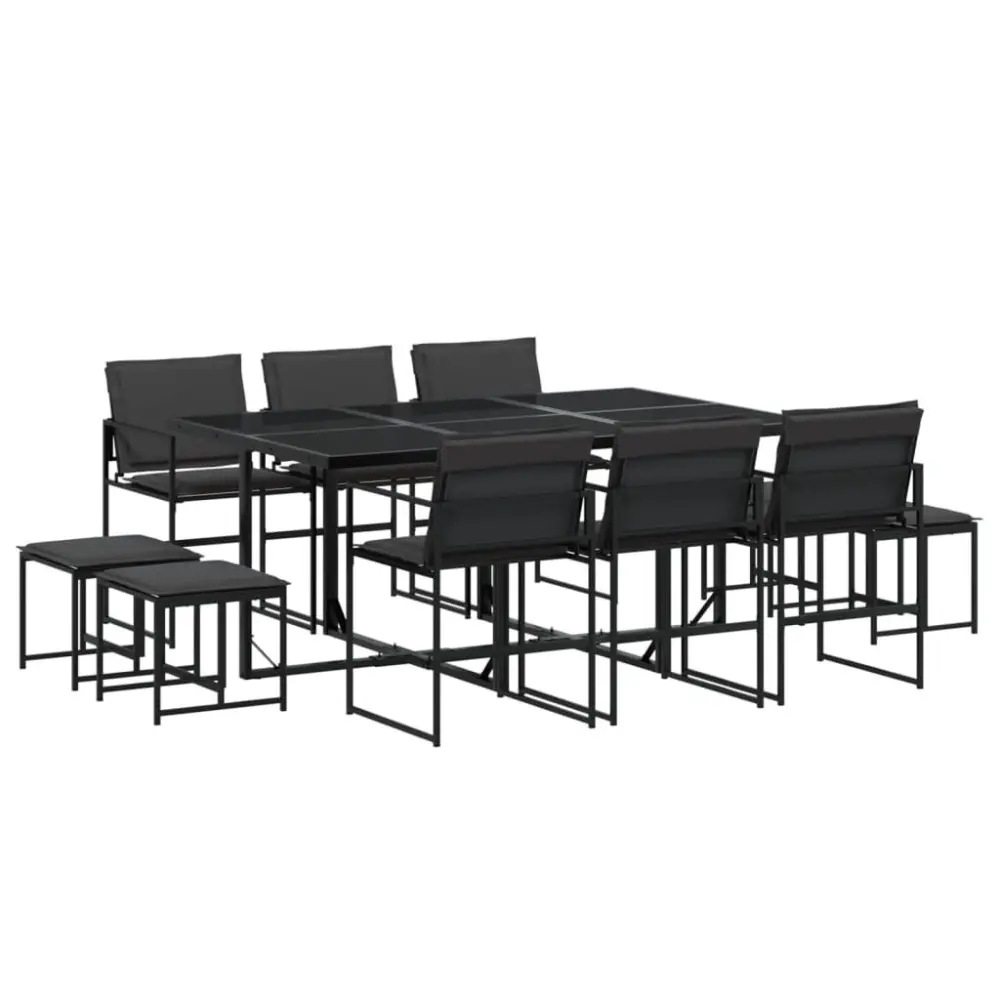 11 Piece Black Textilene Patio Dining Set Cushions Contemporary Outdoor Furniture