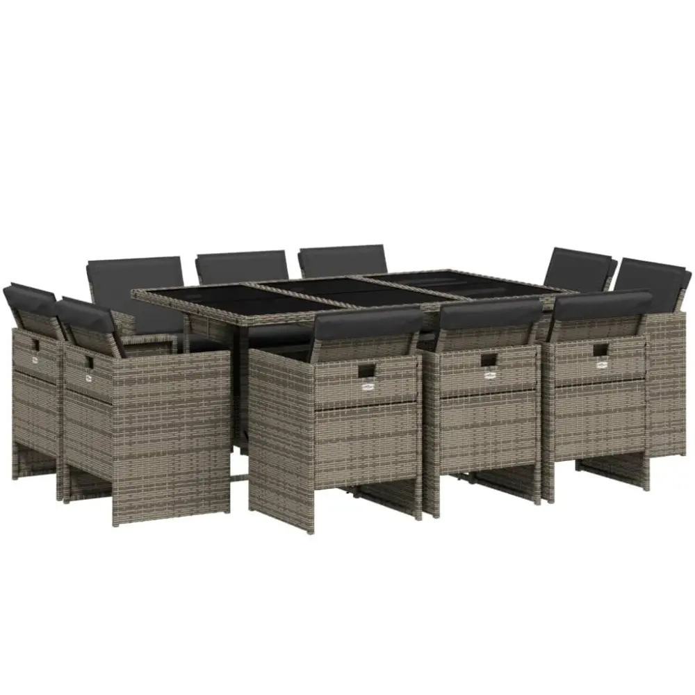 11 Piece Patio Dining Set Cushions Gray Poly Rattan Outdoor Furniture