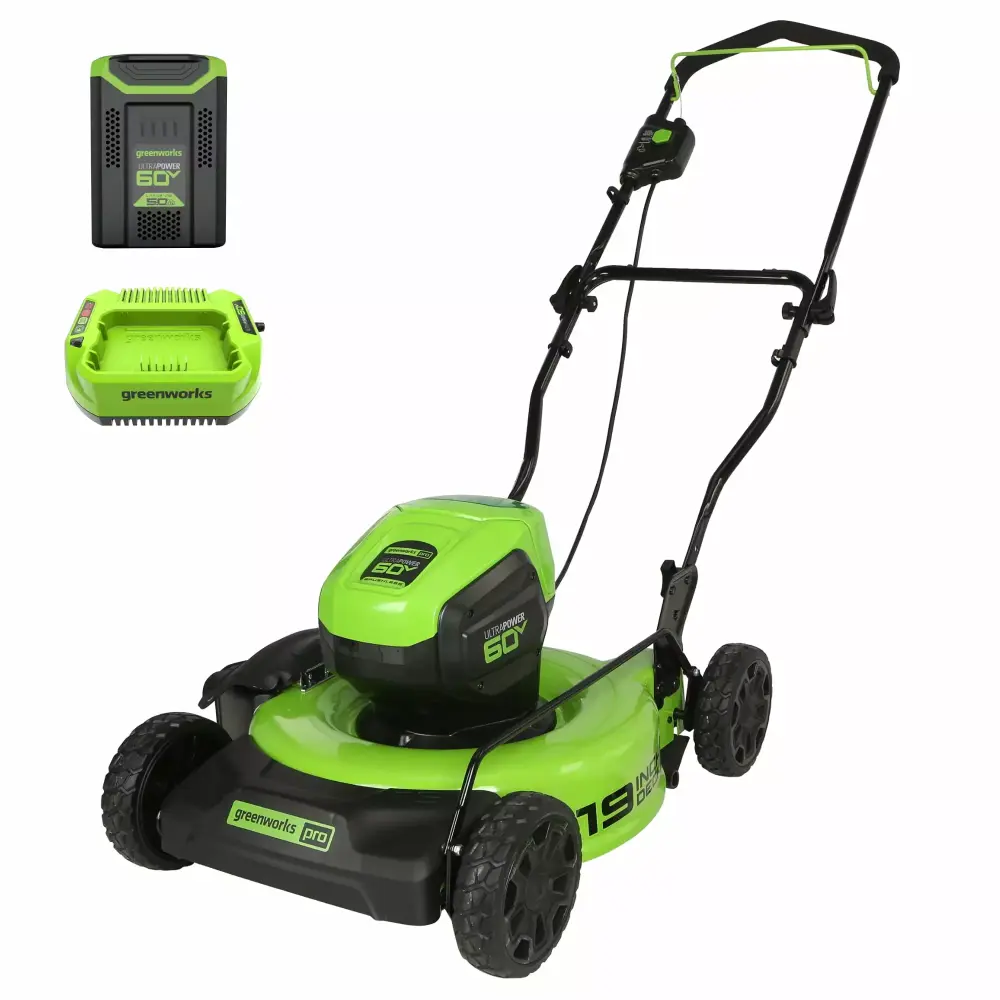 Greenworks 60V 19 Cordless Battery Push Lawn Mower 5.0Ah Battery & Charger 2531802