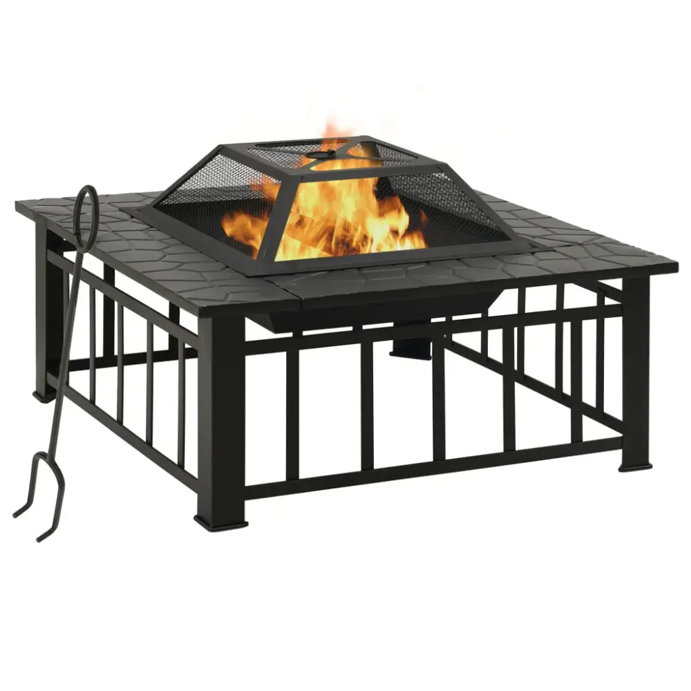 XXL 32-Inch Square Steel Wood Burning Fire Pit Spark Screen and Poker Outdoor Patio & Backyard