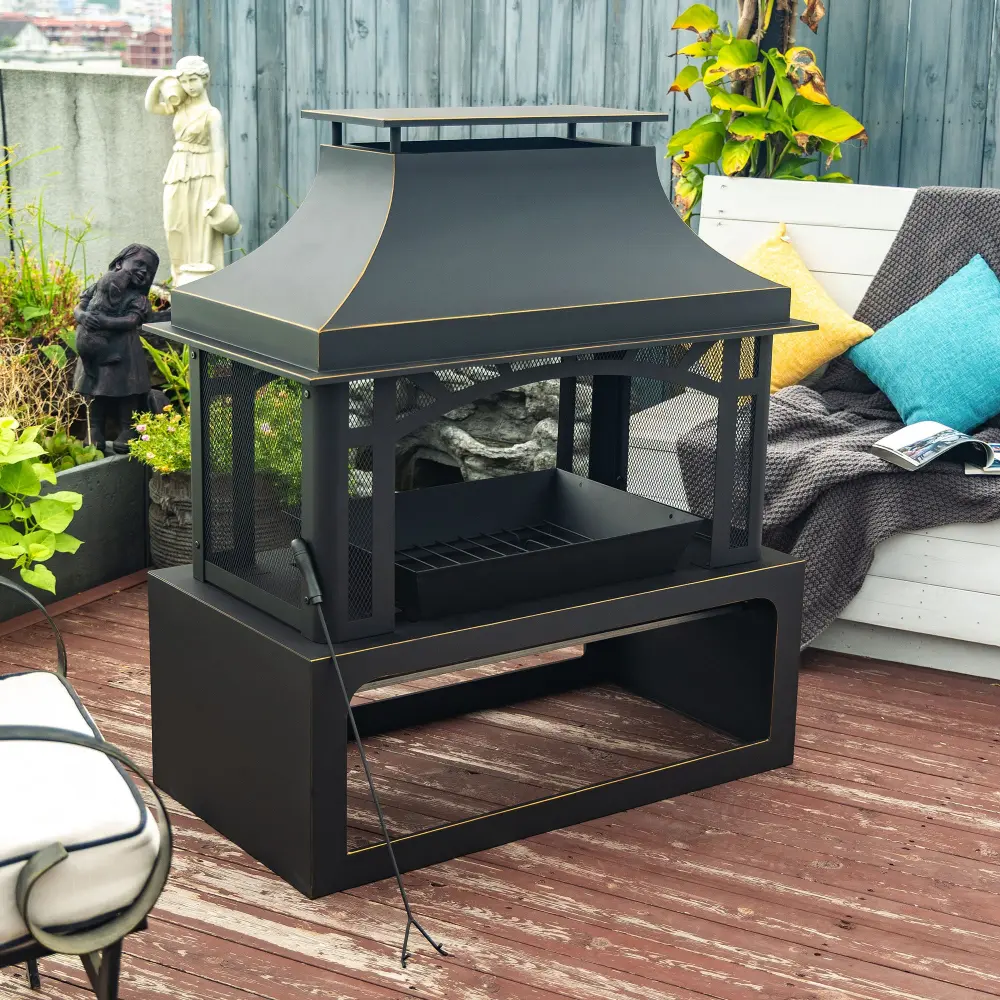 Alloy Metal Timber Outdoor Fireplace Garden Timber Burning Chimney Matt Black rnb