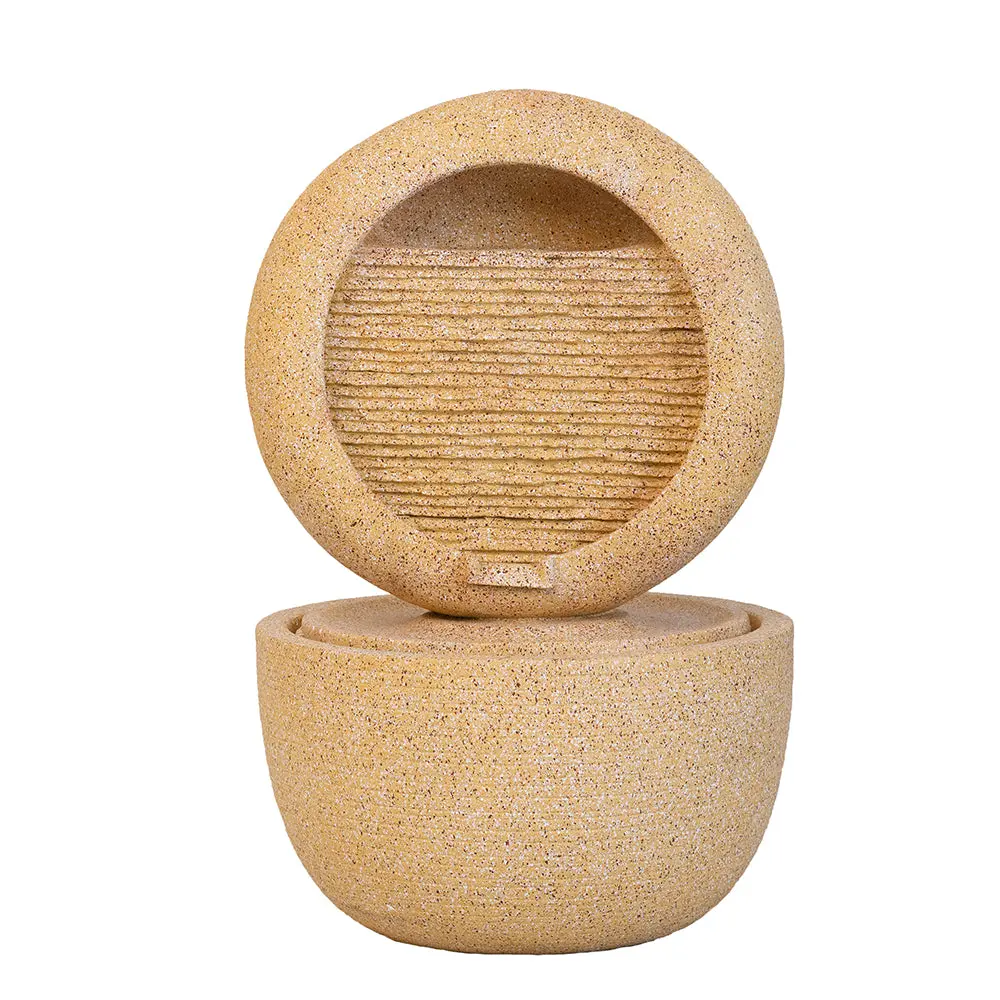 21.7X21.7X34.3" Cement Round Water Fountain Light and Pump Beige Garden w2078