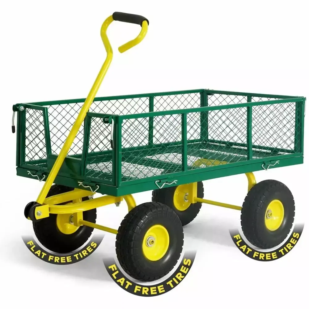 Metal Black Garden Cart. w/ 180 Adjustable Yellow Handle. w/Mat and Strap. Heavy Duty 880 lbs Capacity. w/ 10 Flat-Free Ti...