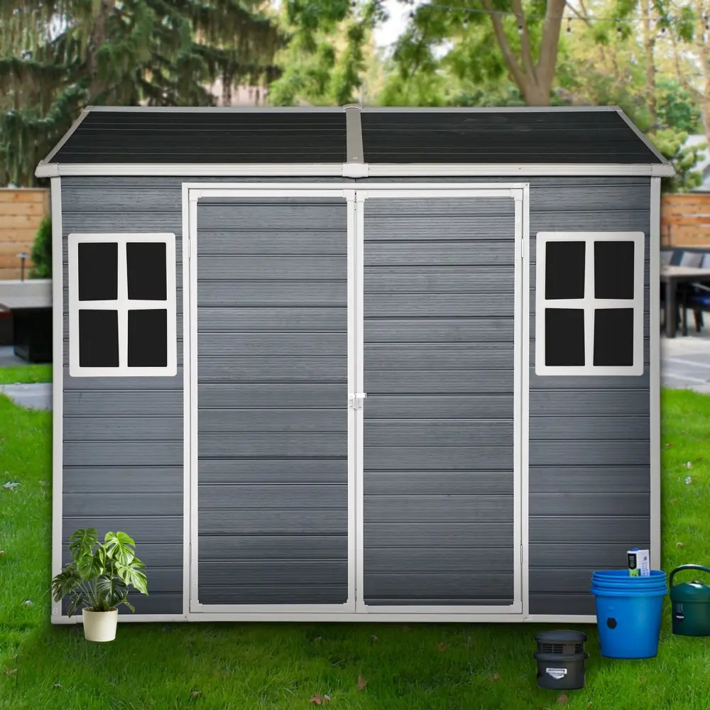 8x6Ft Outdoor Resin Garden Shed Floor and 2 Windows Polymer Patio Storage Shed qfw