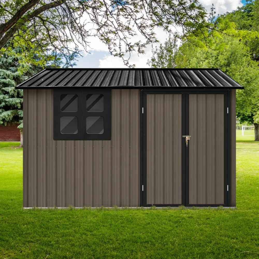 Metallic Garden Shed 6Ftx8Ft Outdoor Brown Window Storage Solution storage sheds
