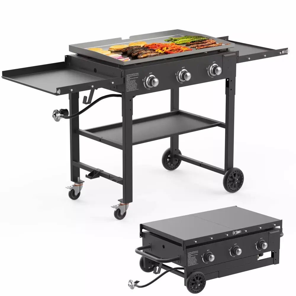 SKOK Foldable 3 Burners Gas Griddle 31.5 Inch Outdoor Propane Griddle Portable Flat Top Grill 45000 BTU