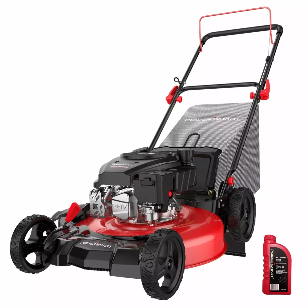 PowerIntelligent Gas Push Lawn Mower Powered 21-inch 3--1 144cc Engine. 6-Position Height Adjustment PowerSmart