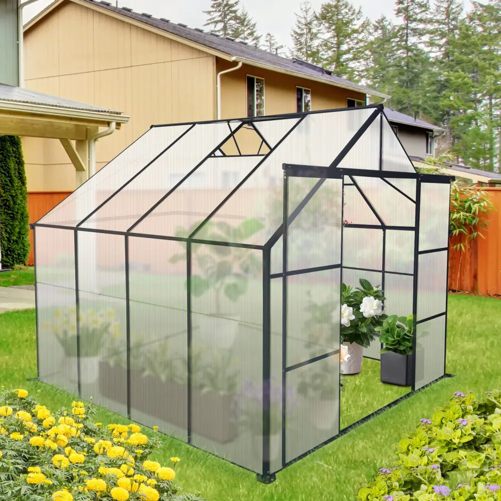 8X8 Ft Double Door Polycarbonate Greenhouse Raised Base and Anchor Aluminum w-540 wwc