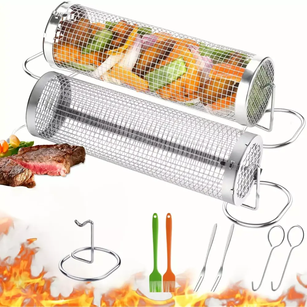 Rolling Grill Baskets 2 Pack Stainless Steel Mesh Shrimp Meat Barbecue Camping Picnic
