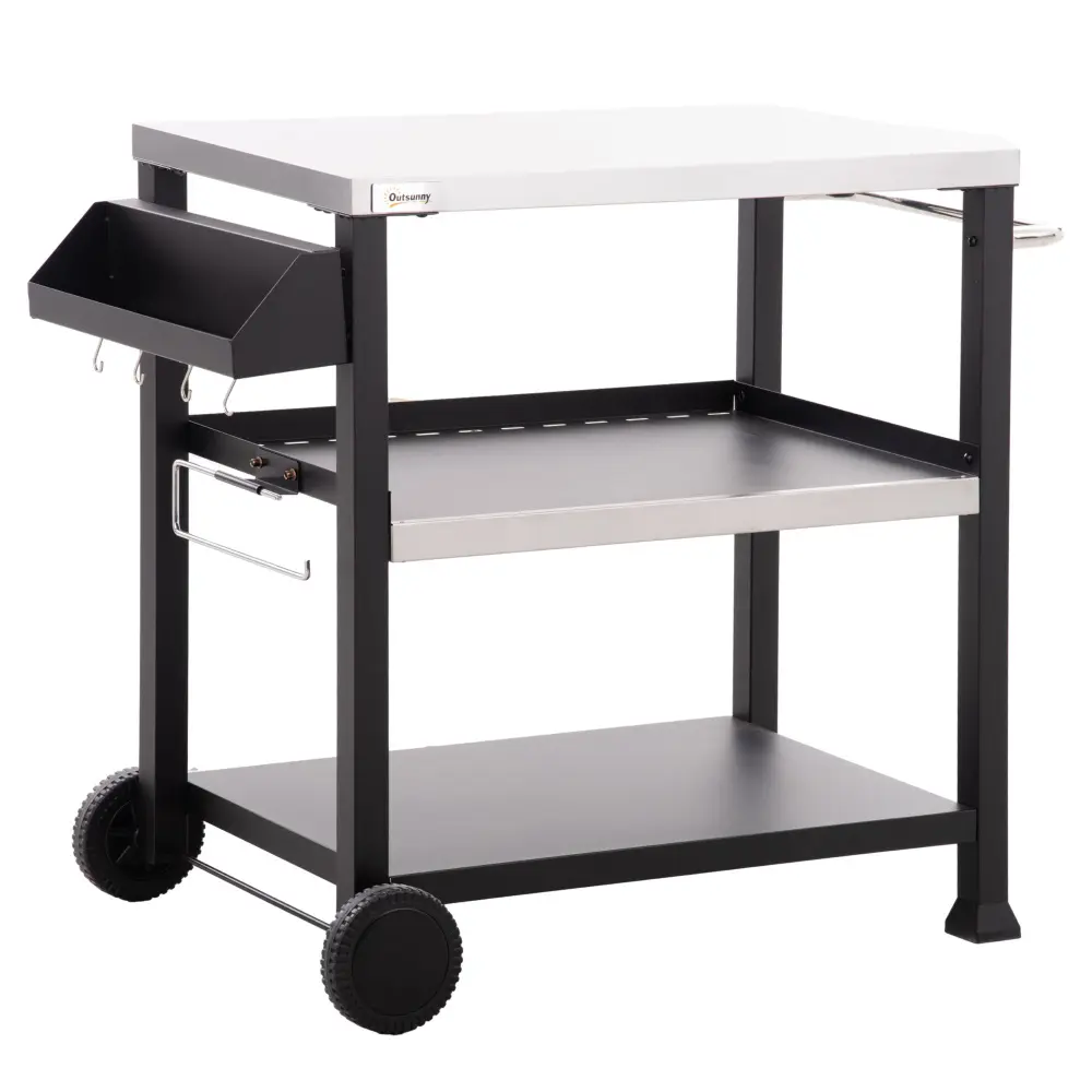Outsunny 3 Shelf Outdoor Grill Cart Stainless Alloy Metal Tabletop aosom business