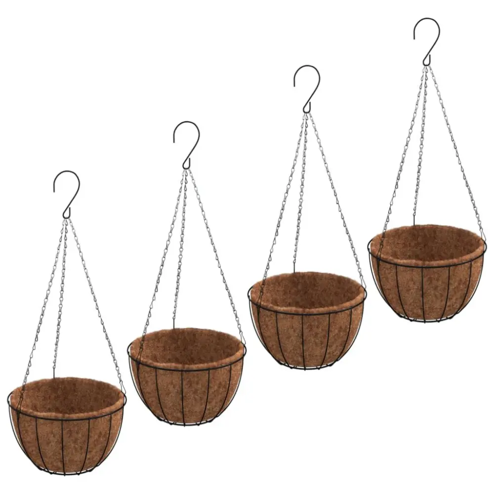 4 Piece Hanging Planter Set Coco Liners Black Steel 11.8x20.5 Inch