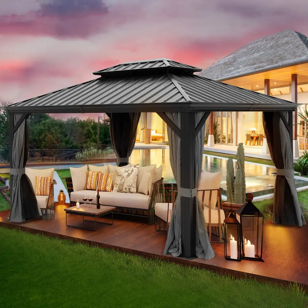 10x12 Ft Black Hardtop Gazebo Netting and Curtains Outdoor t2586