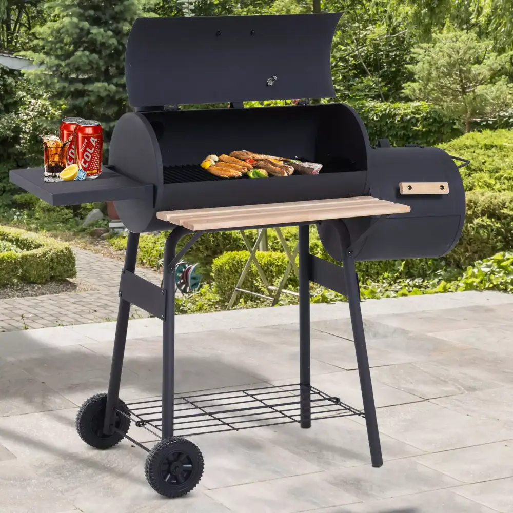 LELINTA 44 Inches Heavy Duty Trolley Charcoal Grill Foldable Wooden Shelf Offset Smoker Backyard BBQ