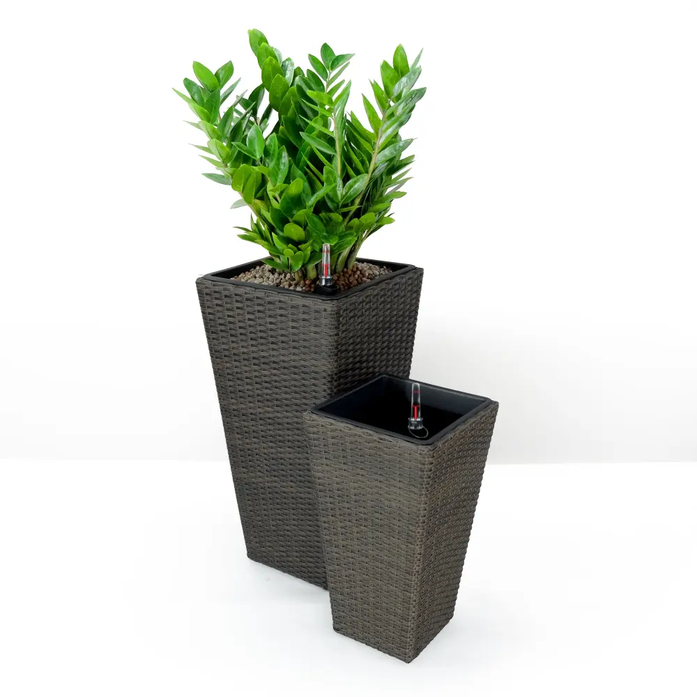 2 Pack Self Watering Planter Hand Woven Wicker Square Espresso dty home