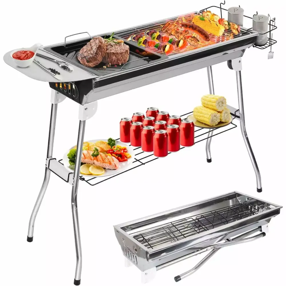 Large Charcoal Kabob Grill Travel-friendly BBQ Non-Stick Frying Pan Outdoor Picnic Patio Cooking HElectQRIN