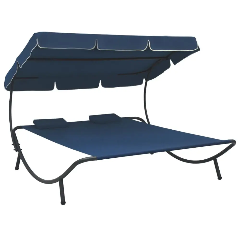 Blue Patio Lounge Bed Canopy and Pillows Outdoor Relaxation Furniture