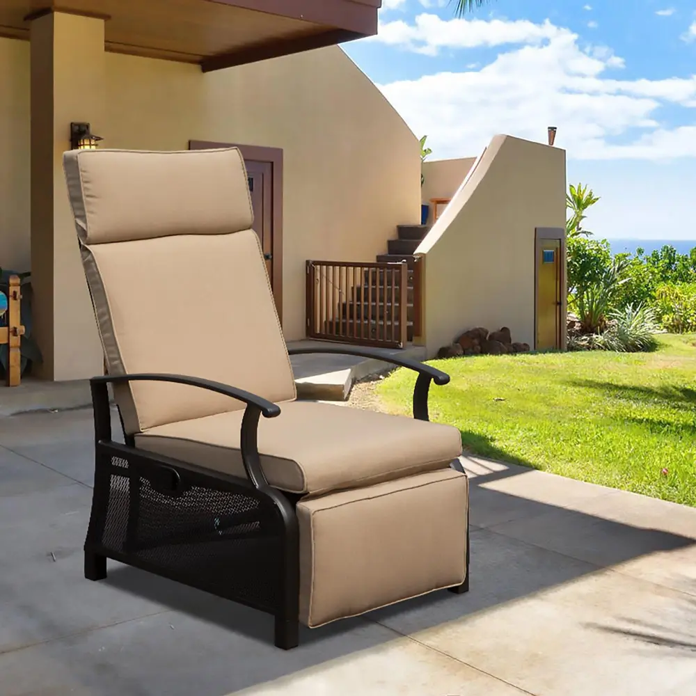 Adjustable Patio Recliner Chair Metal Outdoor Lounge Chair Flip Table Comfortable Deck Chair crefise patio life