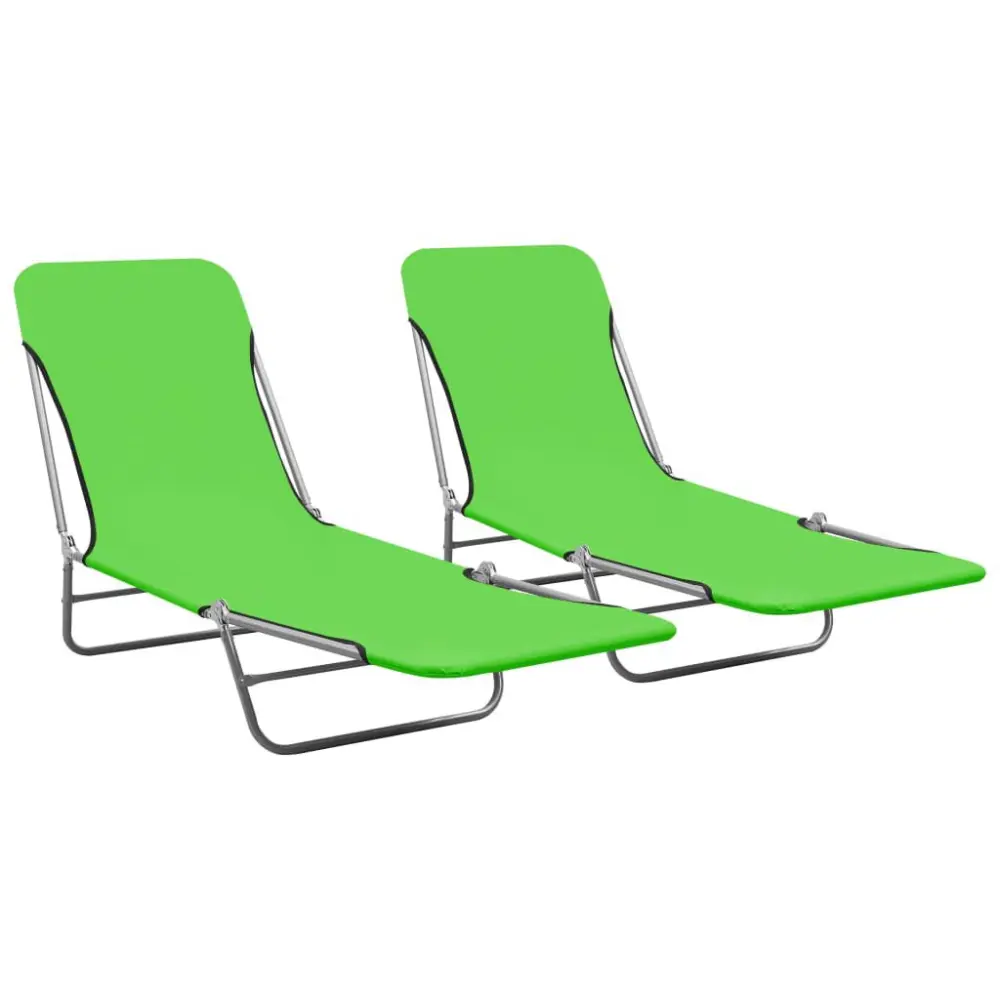 2 Pack Folding Sun Loungers Steel and Fabric Green Pool Chairs